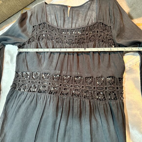 Free People Linen/Cotton Charcoal Gray Dress w/Embroidered Trim Size L - Picture 16 of 16
